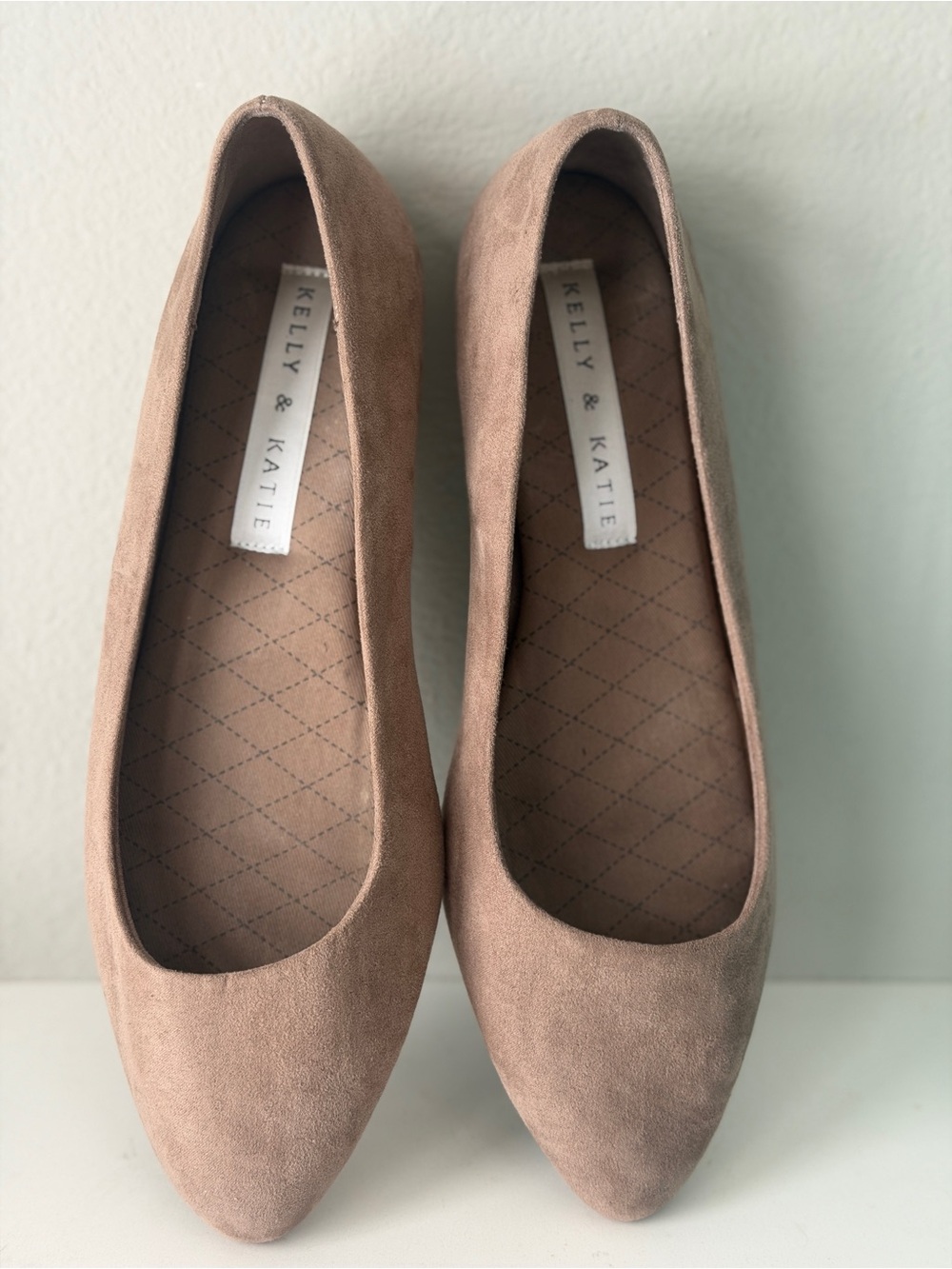 Kelly & Katie Pointed Toe Ballet Flats in Blush Taupe Suede